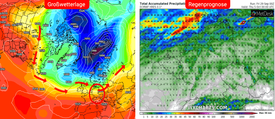 Links die Prognose des europäischen Wettermodells, rechts die Niederschlagsprognose bis einschließlich dem 4. Oktober Links die Prognose des europäischen Wettermodells, rechts die Niederschlagsprognose bis einschließlich dem 3. Oktober