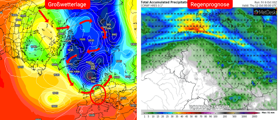 Links die Prognose des europäischen Wettermodells, rechts die Niederschlagsprognose bis einschließlich dem 11. Oktober Links die Prognose des europäischen Wettermodells, rechts die Niederschlagsprognose bis einschließlich dem 11. Oktober