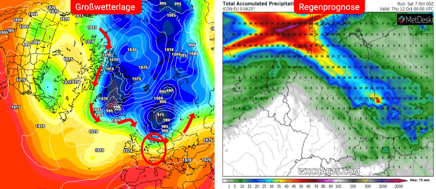 Links die Prognose des europäischen Wettermodells, rechts die Niederschlagsprognose bis einschließlich dem 12. Oktober Links die Prognose des europäischen Wettermodells, rechts die Niederschlagsprognose bis einschließlich dem 12. Oktober
