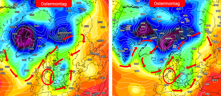 Links die Wetterprognose der Europäer, rechts die der Amerikaner: Das Hoch rückt nach Westen ab, doch behält es über Ostern seine dominierende Rolle Links die Wetterprognose der Europäer, rechts die der Amerikaner: Das Hoch rückt nach Westen ab, doch behält es über Ostern seine dominierende Rolle