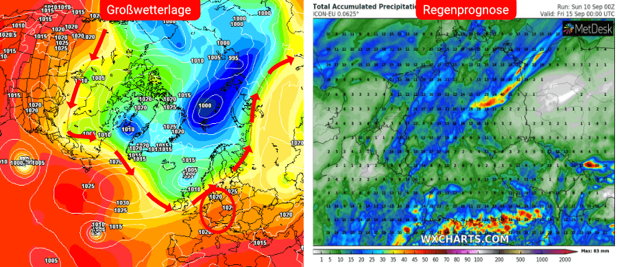 Links die Prognose des deutschen Wettermodells, rechts die Niederschlagsprognose bis einschließlich dem 15. September Links die Prognose des deutschen Wettermodells, rechts die Niederschlagsprognose bis einschließlich dem 15. September