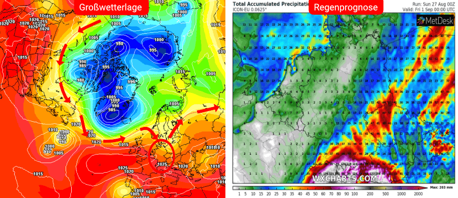Links die Prognose des deutschen Wettermodells bis zum 3. September, rechts die Niederschlagsprognose bis einschließlich dem 1. September Links die Prognose des deutschen Wettermodells bis zum 3. September, rechts die Niederschlagsprognose bis einschließlich dem 1. September