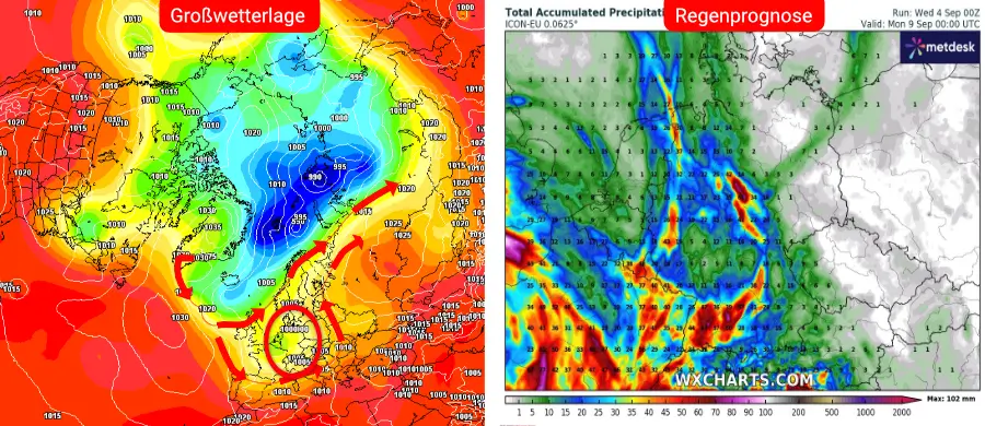 Störimpulse drängen sich in ein Hochdruckkonstrukt vor und können unter bestimmten Voraussetzungen zu unwetterartigem Dauerniederschlag führen Störimpulse drängen sich in ein Hochdruckkonstrukt vor und können unter bestimmten Voraussetzungen zu unwetterartigem Dauerniederschlag führen