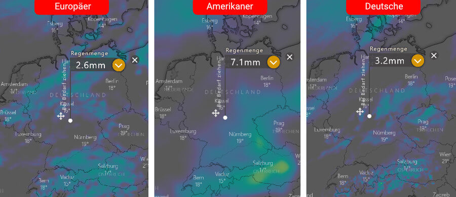 Links die Regenprognose der Europäer, in der Mitte die der Amerikaner und rechts daneben die Deutsche: Schauer sorgen zum und über das Wochenende für Abwechslung Links die Regenprognose der Europäer, in der Mitte die der Amerikaner und rechts daneben die Deutsche: Schauer sorgen zum und über das Wochenende für Abwechslung