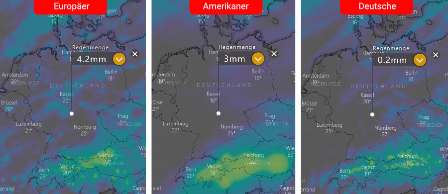 Links die Regenprognose der Europäer, in der Mitte die der Amerikaner und rechts daneben die Deutsche: Nennenswerter Niederschlag südlich der Donau Links die Regenprognose der Europäer, in der Mitte die der Amerikaner und rechts daneben die Deutsche: Nennenswerter Niederschlag südlich der Donau