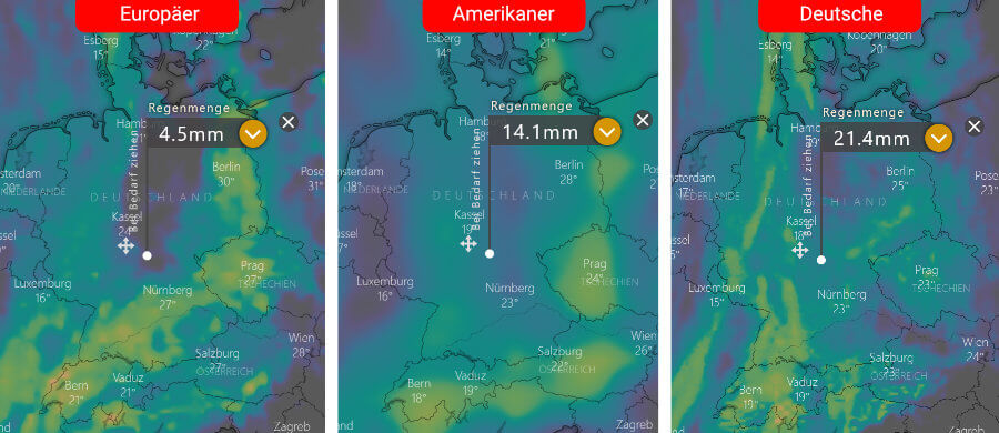 Links die Regenprognose der Europäer, in der Mitte die der Amerikaner und rechts daneben die Deutsche: Schauer und Gewitter mit unterschiedlichen Schwerpunkten Links die Regenprognose der Europäer, in der Mitte die der Amerikaner und rechts daneben die Deutsche: Schauer und Gewitter mit unterschiedlichen Schwerpunkten
