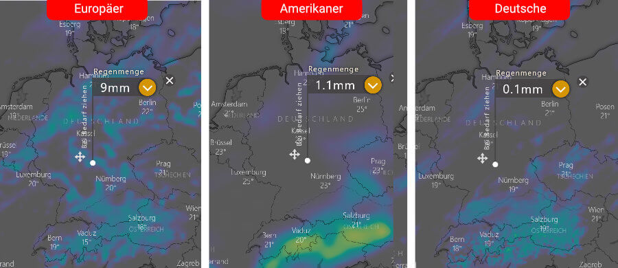 Links die Regenprognose der Europäer, in der Mitte die der Amerikaner und rechts daneben die Deutsche: Viel an Niederschlag ist nicht zu erwarten, während es am Wochenende über den Alpen unter bestimmten Voraussetzungen zu unwetterartigen Dauerniederschlag kommen kann Links die Regenprognose der Europäer, in der Mitte die der Amerikaner und rechts daneben die Deutsche: Viel an Niederschlag ist nicht zu erwarten, während es am Wochenende über den Alpen unter bestimmten Voraussetzungen zu unwetterartigen Dauerniederschlag kommen kann