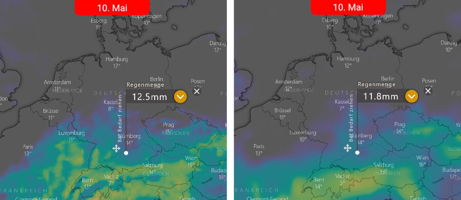 Schauer und Gewitter über der Südhälfte, sonst trocken Links die Regenprognose der Europäer und rechts die der Amerikaner: Schauer und Gewitter über der Südhälfte, sonst trocken