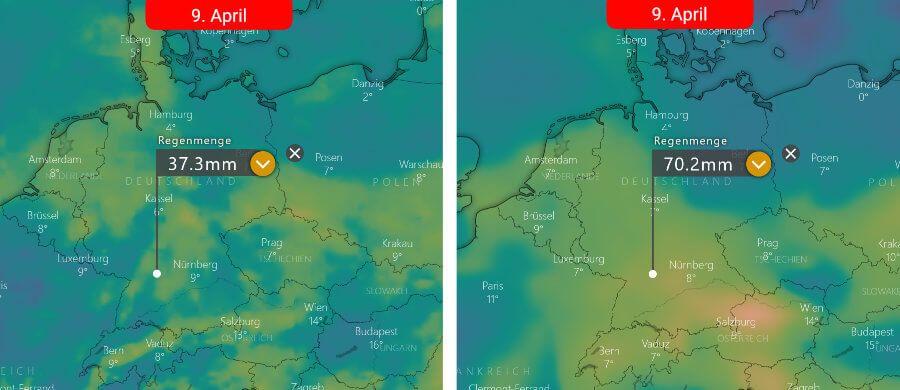 Links die Regenprognose der Europäer und rechts die der Amerikaner: Wenig Niederschlag über dem Nordosten Links die Regenprognose der Europäer und rechts die der Amerikaner: Wenig Niederschlag über dem Nordosten