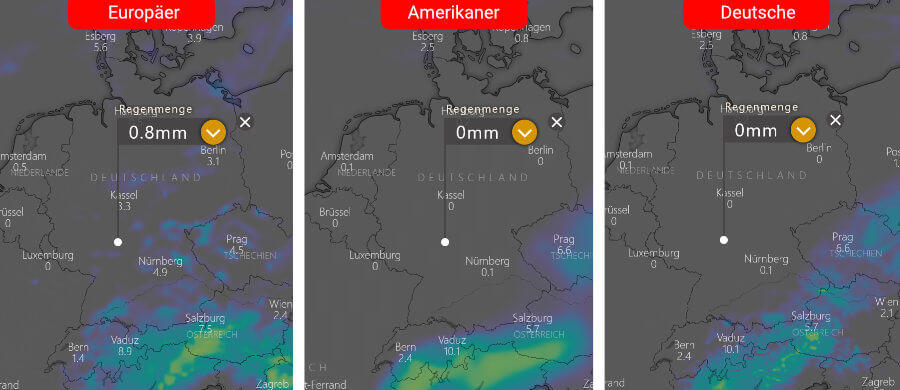 Links die Regenprognose der Europäer, in der Mitte die der Amerikaner und rechts daneben die Deutsche: Bis zum 11. August kaum Niederschlag Links die Regenprognose der Europäer, in der Mitte die der Amerikaner und rechts daneben die Deutsche: Bis zum 11. August kaum Niederschlag
