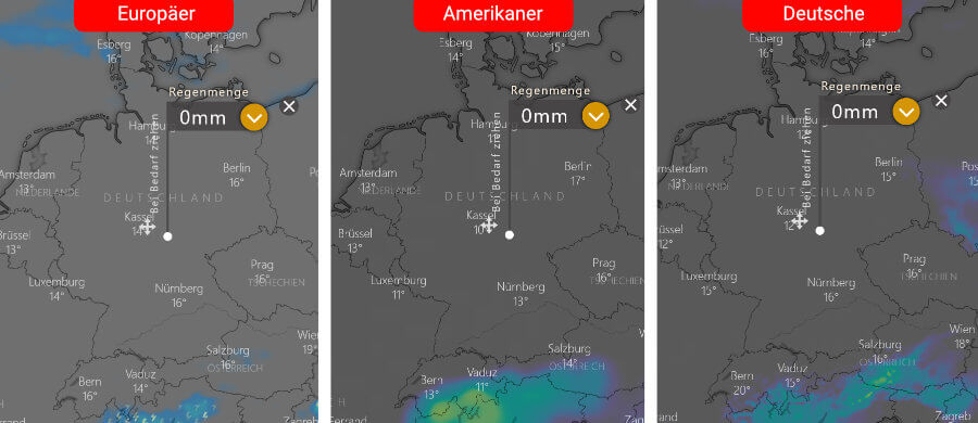 Links die Regenprognose der Europäer, in der Mitte die der Amerikaner und rechts daneben die Deutsche: Bis zum 12. August kaum Niederschlag Links die Regenprognose der Europäer, in der Mitte die der Amerikaner und rechts daneben die Deutsche: Bis zum 12. August kaum Niederschlag