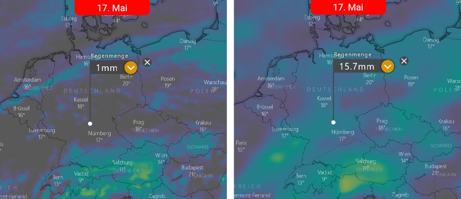 Bis auf den Süden eine weitgehend trockene Wetterentwicklung Links die Regenprognose der Europäer und rechts die der Amerikaner: Bis auf den Süden eine weitgehend trockene Wetterentwicklung