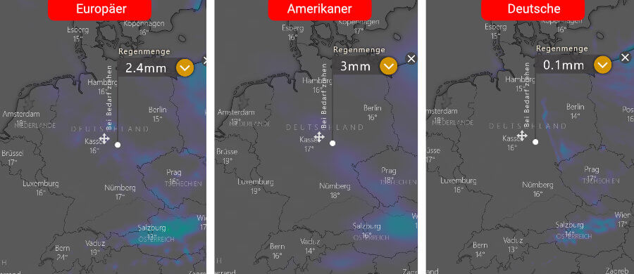 Links die Regenprognose der Europäer, in der Mitte die der Amerikaner und rechts daneben die Deutsche: Vereinzelte Schauer Links die Regenprognose der Europäer, in der Mitte die der Amerikaner und rechts daneben die Deutsche: Vereinzelte Schauer