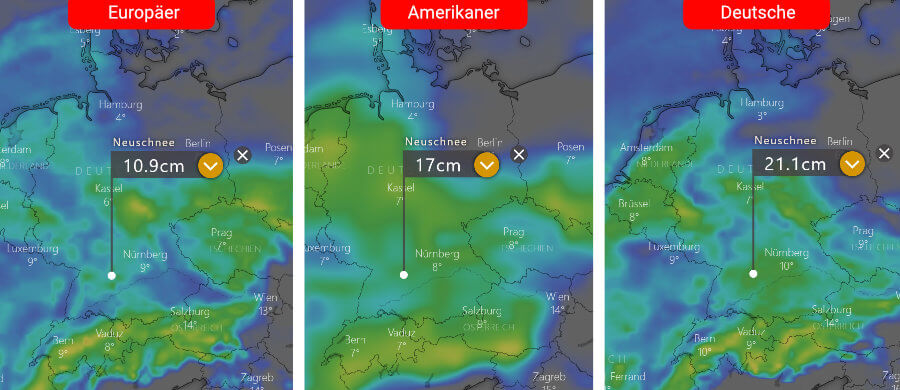 Schneefall ist möglich - wo und wie viel, bleibt noch abzuwarten Links die Schneeprognose der Europäer und rechts die der Amerikaner: Schneefall ist möglich - wo und wie viel, bleibt noch abzuwarten