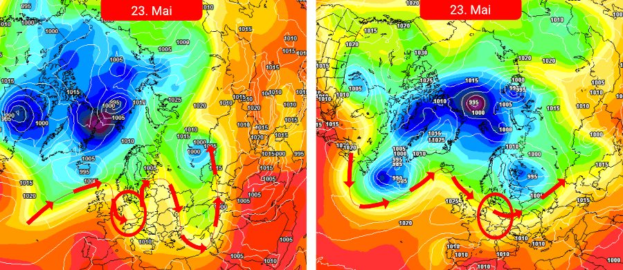 Beide Vorhersage-Modelle berechnen eine in der letzten Mai-Dekade strukturelle Umstellung der Großwetterlage Beide Vorhersage-Modelle berechnen eine in der letzten Mai-Dekade strukturelle Umstellung der Großwetterlage