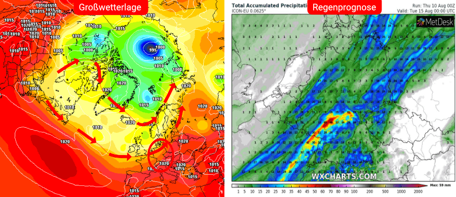 Links die Prognose des deutschen Wettermodells, rechts die Niederschlagsprognose bis einschließlich dem 15. August Links die Prognose des deutschen Wettermodells, rechts die Niederschlagsprognose bis einschließlich dem 15. August