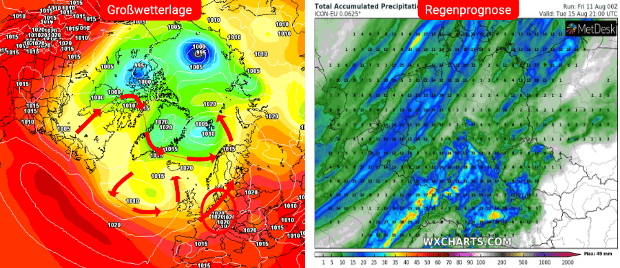 Links die Prognose des deutschen Wettermodells, rechts die Niederschlagsprognose bis einschließlich dem 16. August Links die Prognose des deutschen Wettermodells, rechts die Niederschlagsprognose bis einschließlich dem 16. August