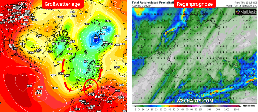 Links die Prognose des deutschen Wettermodells, rechts die Niederschlagsprognose bis einschließlich dem 18. Juli