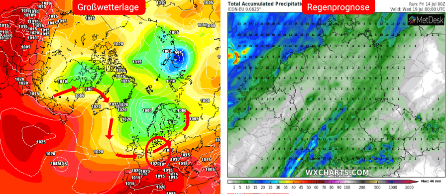 Links die Prognose des deutschen Wettermodells, rechts die Niederschlagsprognose bis einschließlich dem 19. Juli