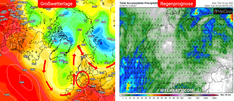 Links die Prognose des deutschen Wettermodells, rechts die Niederschlagsprognose bis einschließlich dem 20. Juni Links die Prognose des deutschen Wettermodells, rechts die Niederschlagsprognose bis einschließlich dem 20. Juni
