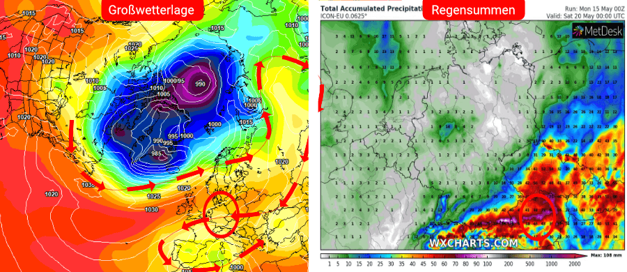 Links die Prognose des europäischen Wettermodells, rechts die Niederschlagsprognose des deutschen Vorhersage-Modells bis einschließlich Samstag Links die Prognose des europäischen Wettermodells, rechts die Niederschlagsprognose des deutschen Vorhersage-Modells bis einschließlich Samstag