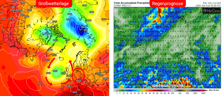 Links die Prognose des deutschen Wettermodells, rechts die Niederschlagsprognose bis einschließlich dem 8. Juli Links die Prognose des deutschen Wettermodells, rechts die Niederschlagsprognose bis einschließlich dem 8. Juli
