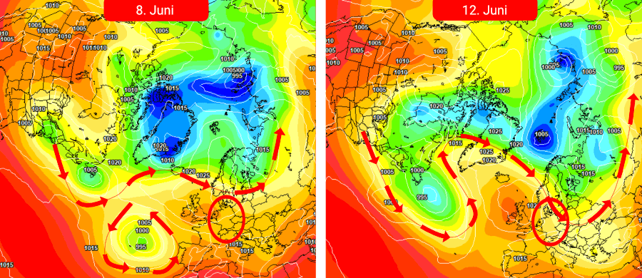 Das Hoch verlagert sich weiter in Richtung Europa und nimmt im Ansatz eine Omegaformation an