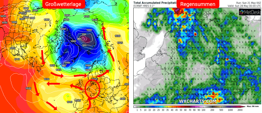 Links die Prognose des europäischen Wettermodells, rechts die Niederschlagsprognose bis einschließlich Pfingsten: Der Hauptniederschlag ist von Montag bis Dienstag zu erwarten