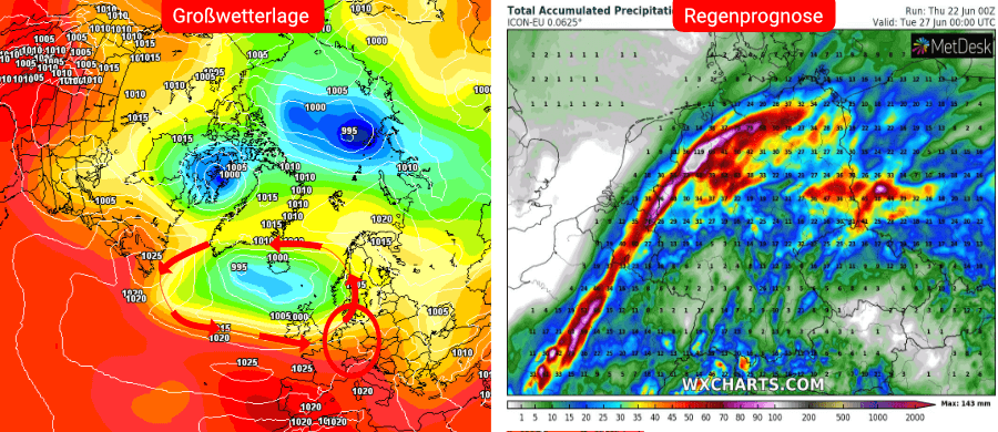 Links die Prognose des deutschen Wettermodells, rechts die Niederschlagsprognose bis einschließlich dem 28. Juni Links die Prognose des deutschen Wettermodells, rechts die Niederschlagsprognose bis einschließlich dem 28. Juni
