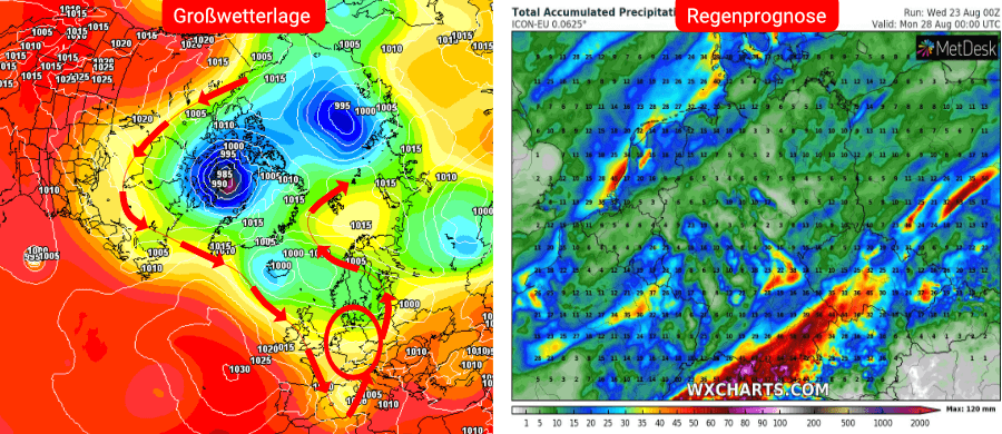 Links die Prognose des deutschen Wettermodells, rechts die Niederschlagsprognose bis einschließlich dem 26. August