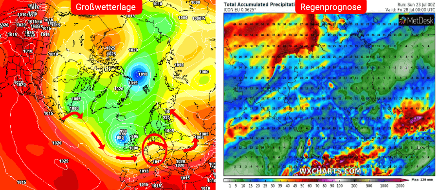 Links die Prognose des deutschen Wettermodells, rechts die Niederschlagsprognose bis einschließlich dem 28. Juli Links die Prognose des deutschen Wettermodells, rechts die Niederschlagsprognose bis einschließlich dem 28. Juli