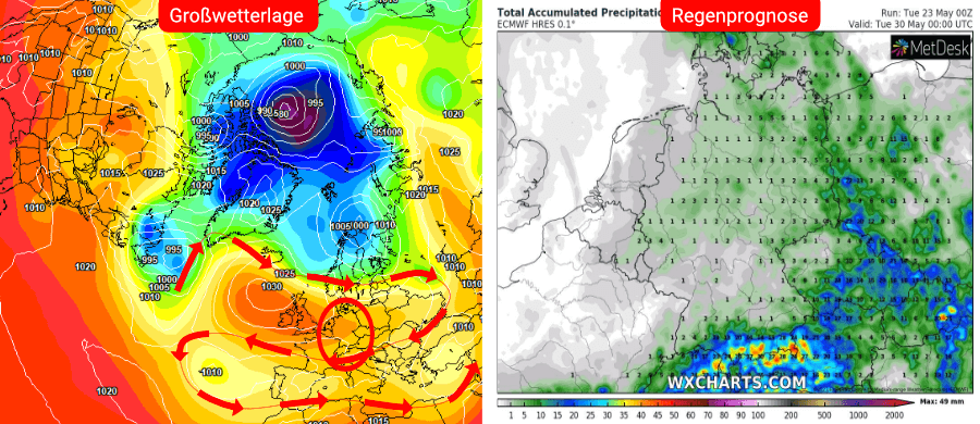 Links die Prognose des europäischen Wettermodells, rechts die Niederschlagsprognose bis einschließlich Pfingsten: Weitgehend trockenes und sonniges Wetter