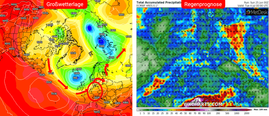 Links die Prognose des europäischen Wettermodells, rechts die Niederschlagsprognose bis einschließlich dem 3. Juli