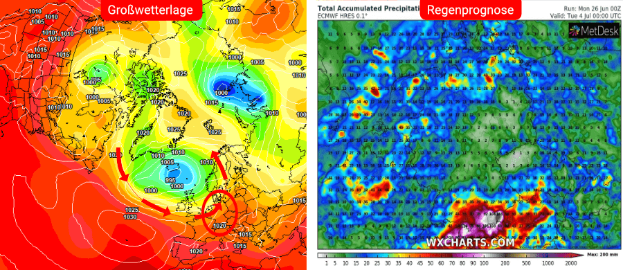 Links die Prognose des europäischen Wettermodells, rechts die Niederschlagsprognose bis einschließlich dem 3. Juli Links die Prognose des europäischen Wettermodells, rechts die Niederschlagsprognose bis einschließlich dem 3. Juli