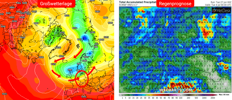 Links die Prognose des europäischen Wettermodells, rechts die Niederschlagsprognose bis einschließlich dem 3. Juli Links die Prognose des europäischen Wettermodells, rechts die Niederschlagsprognose bis einschließlich dem 3. Juli