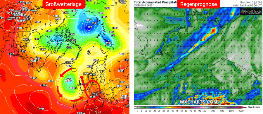 Links die Prognose des deutschen Wettermodells, rechts die Niederschlagsprognose bis einschließlich dem 8. Juli Links die Prognose des deutschen Wettermodells, rechts die Niederschlagsprognose bis einschließlich dem 8. Juli