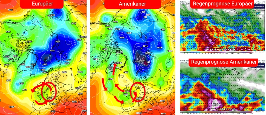 Nach wie vor berechnen die Vorhersage-Modelle in der Zeit vor Pfingsten unwetterartige Niederschlagsmengen Nach wie vor berechnen die Vorhersage-Modelle in der Zeit vor Pfingsten unwetterartige Niederschlagsmengen