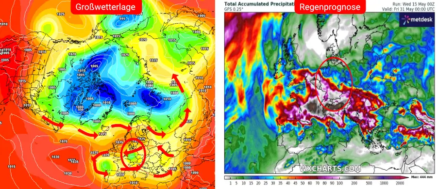 Unwetterartiger Dauerniederschlag auch nach Pfingsten - Sollte sich diese Prognose durchsetzen, wäre über Mitteleuropa mit extremen Hochwasser zu rechnen Unwetterartiger Dauerniederschlag auch nach Pfingsten - Sollte sich diese Prognose durchsetzen, wäre über Mitteleuropa mit extremen Hochwasser zu rechnen