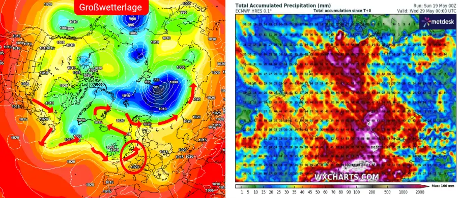 Die Großwetterlage wird von einem Hochdrucksystem dominiert, doch können eingelagerte Störungen für wiederholte Schauer und Gewitter sorgen - mancherorts unwetterartig ausfallend Die Großwetterlage wird von einem Hochdrucksystem dominiert, doch können eingelagerte Störungen für wiederholte Schauer und Gewitter sorgen - mancherorts unwetterartig ausfallend