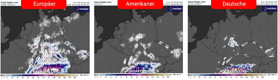 Die Schneeprognose im jeweiligen Maximum. Die Berechnung des deutschen Vorhersage-Modells ist plausibel, während die des europäischen Wettermodells nach wie vor zu optimistisch ist Die Schneeprognose im jeweiligen Maximum. Die Berechnung des deutschen Vorhersage-Modells ist plausibel, während die des europäischen Wettermodells nach wie vor zu optimistisch ist