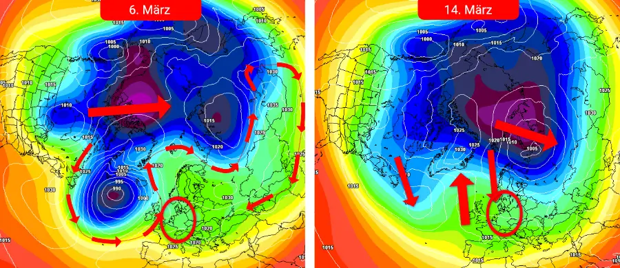 Der Cluster des Polarwirbel verlagert sich von Kanada und Grönland in Richtung der Barents- und Karasee Der Cluster des Polarwirbel verlagert sich von Kanada und Grönland in Richtung der Barents- und Karasee