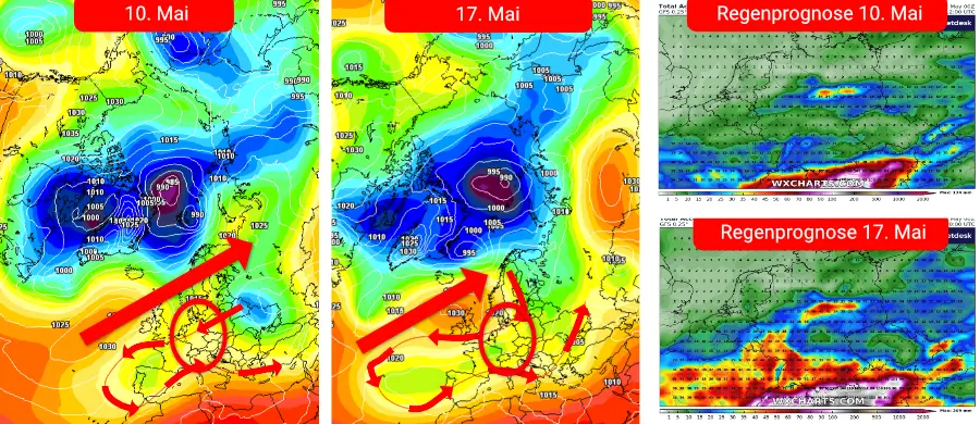 Eine ähnliche Wetterentwicklung, wie sie das europäische Wettermodell berechnet, jedoch kommt eine Achse in Richtung der Mittelmeerregion nicht zustande. Stattdessen können Störimpulse über dem Süden für unwetterartige Regensummen sorgen Eine ähnliche Wetterentwicklung, wie sie das europäische Wettermodell berechnet, jedoch kommt eine Achse in Richtung der Mittelmeerregion nicht zustande. Stattdessen können Störimpulse über dem Süden für unwetterartige Regensummen sorgen