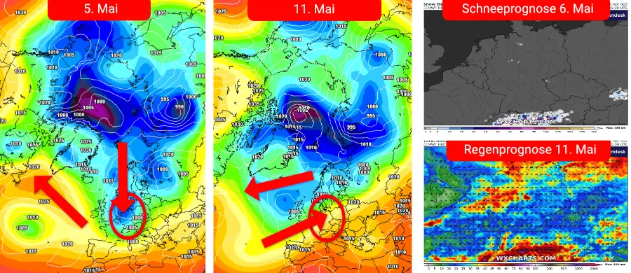 Nach einem kurzen Ausflug in den Frühsommer kommt es zu einem Wettersturz, was auch Graupelschauer bis auf tiefere Lagen herab möglich mach. Nachfolgend stellt sich eine warme, aber instabile Südwestwetterlage ein
