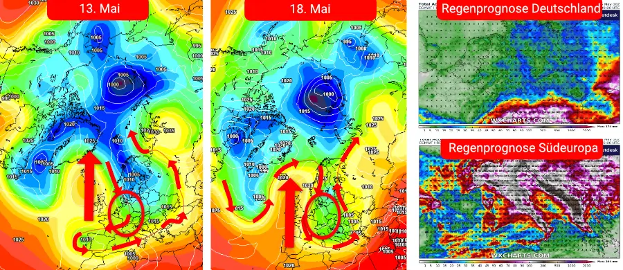 Mit dem Blockadehoch auf dem Atlantik ist vorerst nicht mehr mit dem Frühling oder sommerlichen Temperaturen zu rechnen - vielmehr werden über weite Teile Südeuropas extreme Regenmengen simuliert Mit dem Blockadehoch auf dem Atlantik ist vorerst nicht mehr mit dem Frühling oder sommerlichen Temperaturen zu rechnen - vielmehr werden über weite Teile Südeuropas extreme Regenmengen simuliert