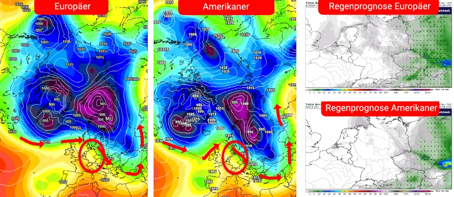 Das Hoch - und damit der Frühling - entwickelt sich im Verlauf der Woche nach Deutschland zurück Das Hoch - und damit der Frühling - entwickelt sich im Verlauf der Woche nach Deutschland zurück