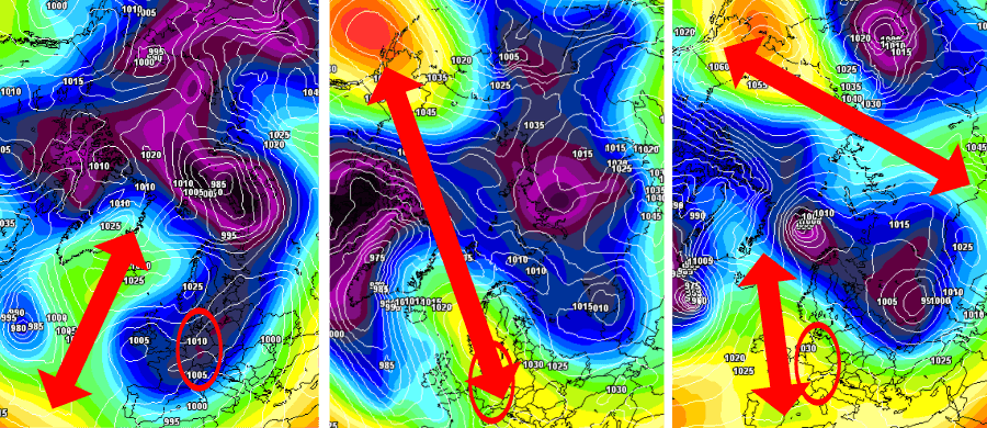 Das Hoch dehnt sich weiter in den Polarwirbel hinein aus (li.) und bis Weihnachten folgt daraus ein Polarwirbelsplit (re.) Das Hoch dehnt sich weiter in den Polarwirbel hinein aus (li.) und bis Weihnachten folgt daraus ein Polarwirbelsplit (re.)