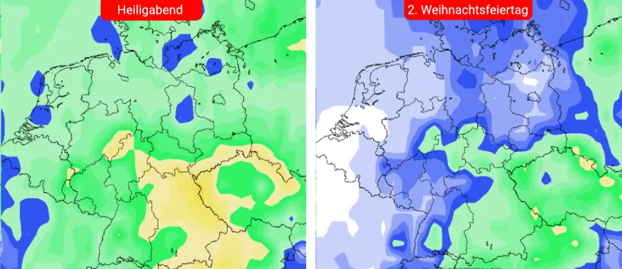 Die Wahrscheinlichkeit für Schneefall an Heiligabend (li.) und dem 2. Weihnachtsfeiertag (re.) Die Wahrscheinlichkeit für Schneefall an Heiligabend (li.) und dem 2. Weihnachtsfeiertag (re.)