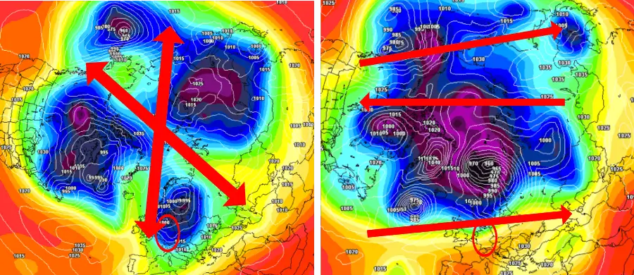 Auf den Achsverlauf innerhalb des Polarwirbels ist zu achten. Links eine Entwicklung, die mit einer meridionalen Wetterlage den Winter nach Deutschland bringen kann, rechts eine Variante, die eine Zonalisierung zur Folge hat. Auf den Achsverlauf innerhalb des Polarwirbels ist zu achten. Links eine Entwicklung, die mit einer meridionalen Wetterlage den Winter nach Deutschland bringen kann, rechts eine Variante, die eine Zonalisierung zur Folge hat.