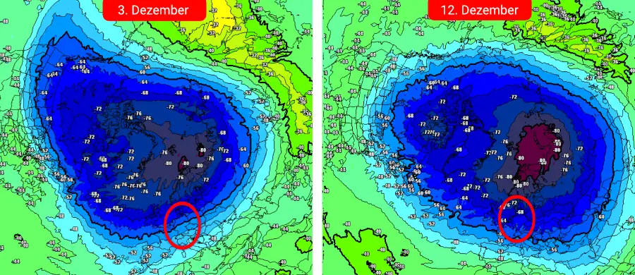 Der Stratosphärenwirbel ist noch frei von Störungen und stabilisiert sich bis Mitte Dezember weiter Der Stratosphärenwirbel ist noch frei von Störungen und stabilisiert sich bis Mitte Dezember weiter