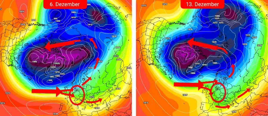 Der Mittelwert aller Kontrollläufe zeigt eine zunächst deutlich zu hohe Temperaturentwicklung, welche in der Vorweihnachtszeit in die nasskalte Richtung kippen kann Der Mittelwert aller Kontrollläufe zeigt eine zunächst deutlich zu hohe Temperaturentwicklung, welche in der Vorweihnachtszeit in die nasskalte Richtung kippen kann